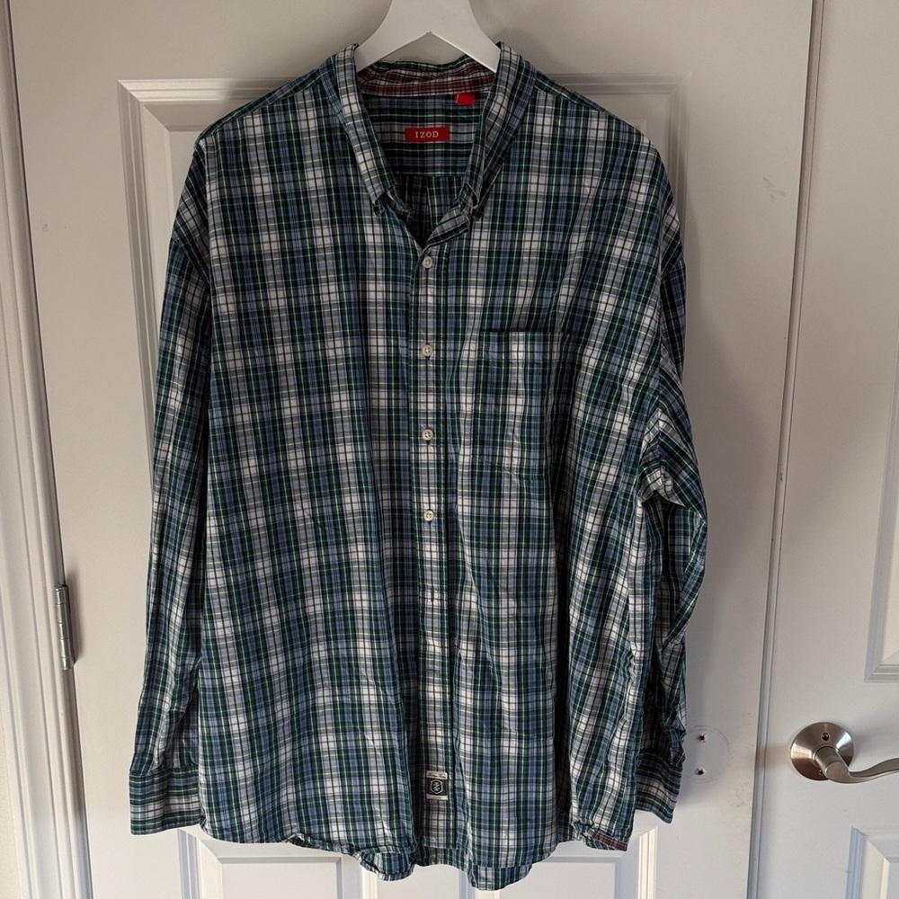 Izod Men's Blue and Green Checkered Shirt Size XXL Tall